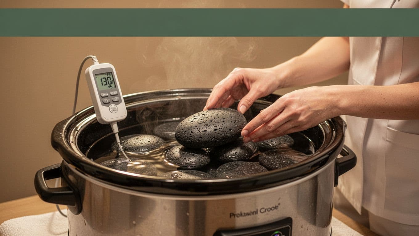 Smooth black basalt stones heating in a professional electric crockpot filled with water on a spa preparation station, digital thermometer checking 130-145°F temperature, steam rising gently with warm golden lighting.