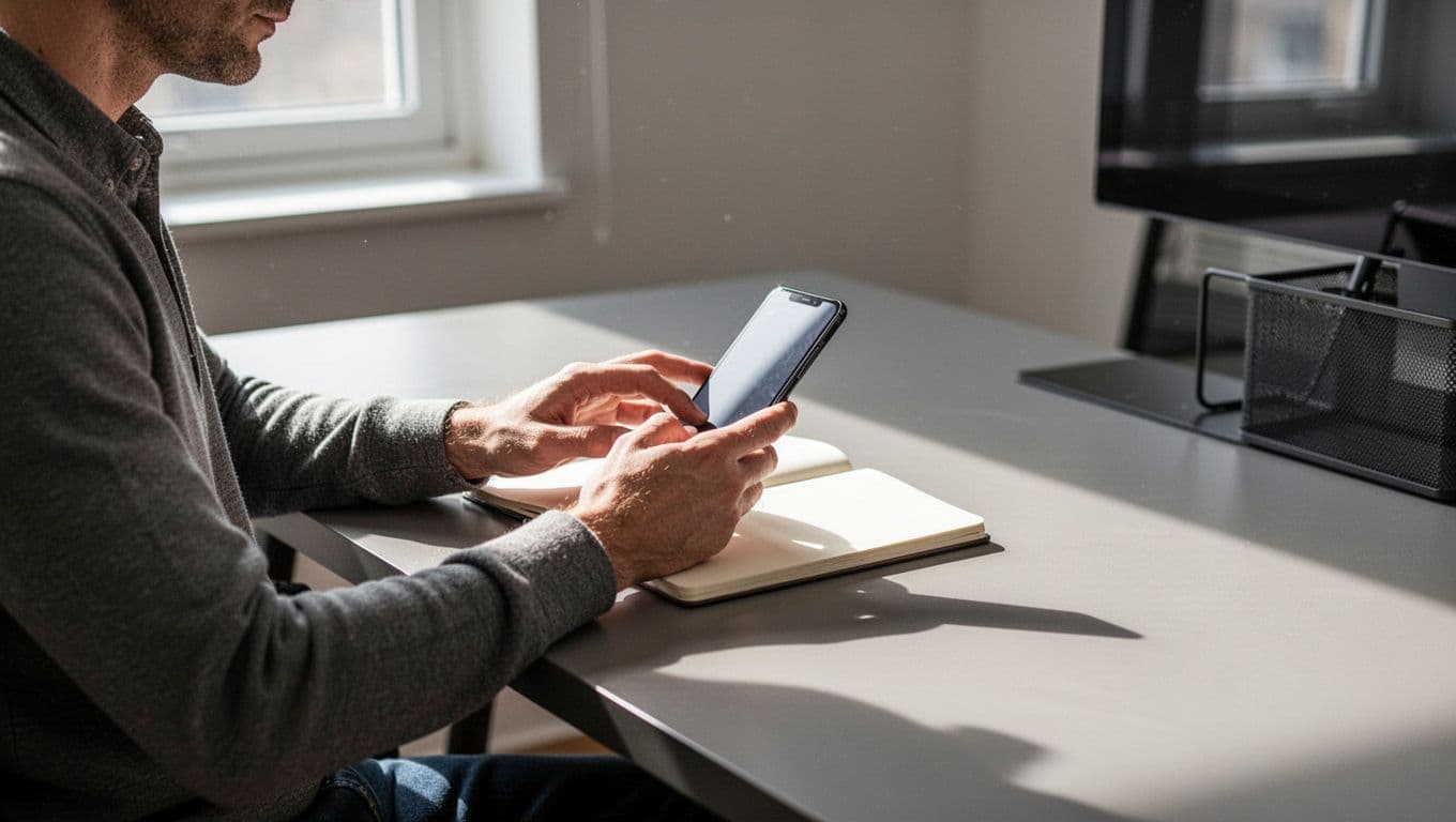 A person checking spa booking details on a smartphone at a tidy wooden desk.