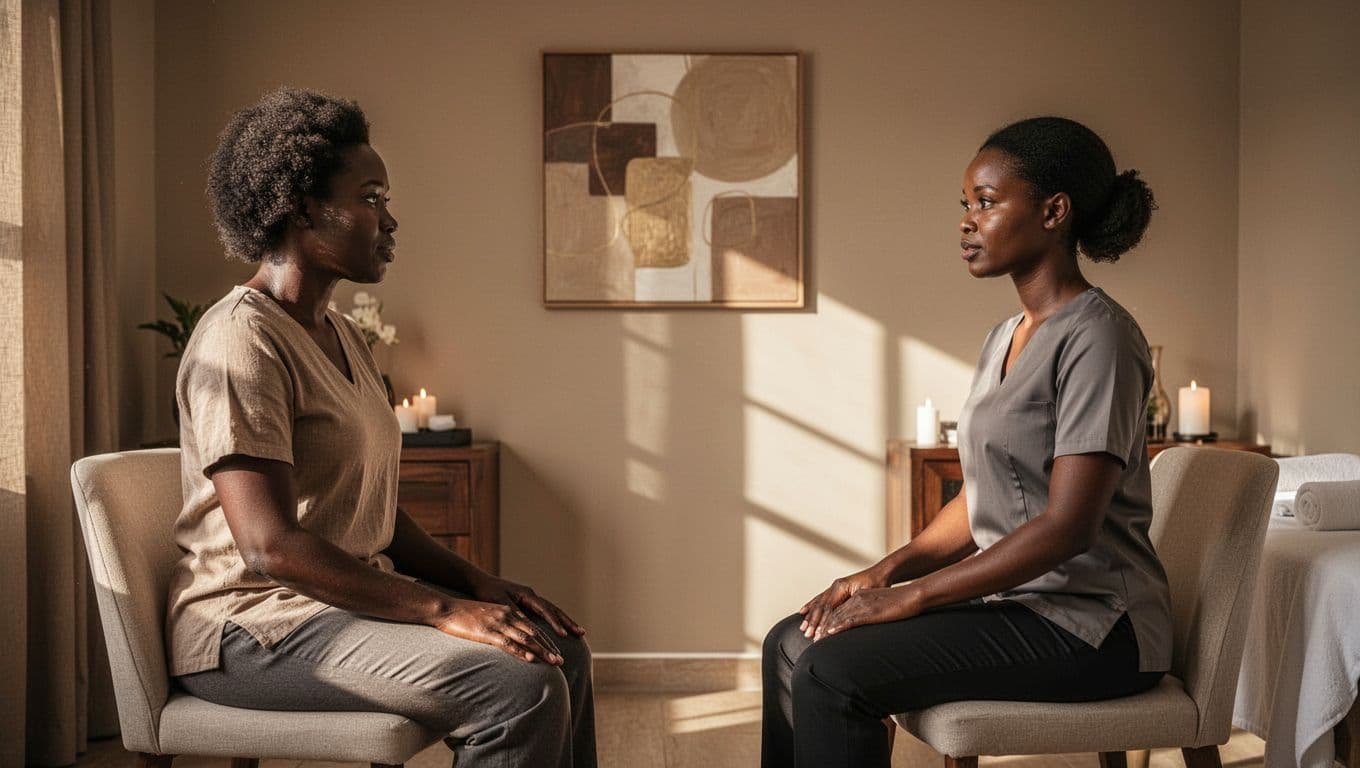 A client and therapist discuss massage boundaries in a softly lit private spa room.