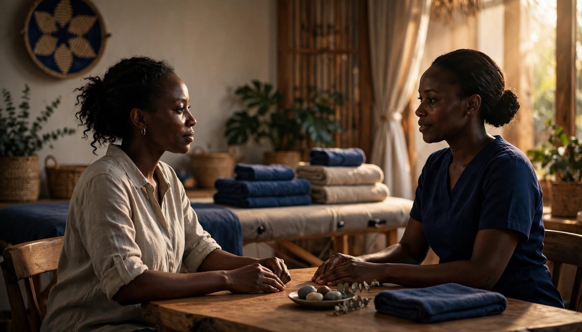 Swedish Massage 7 Client and massage therapist discussing a spa appointment in a warmly lit room.