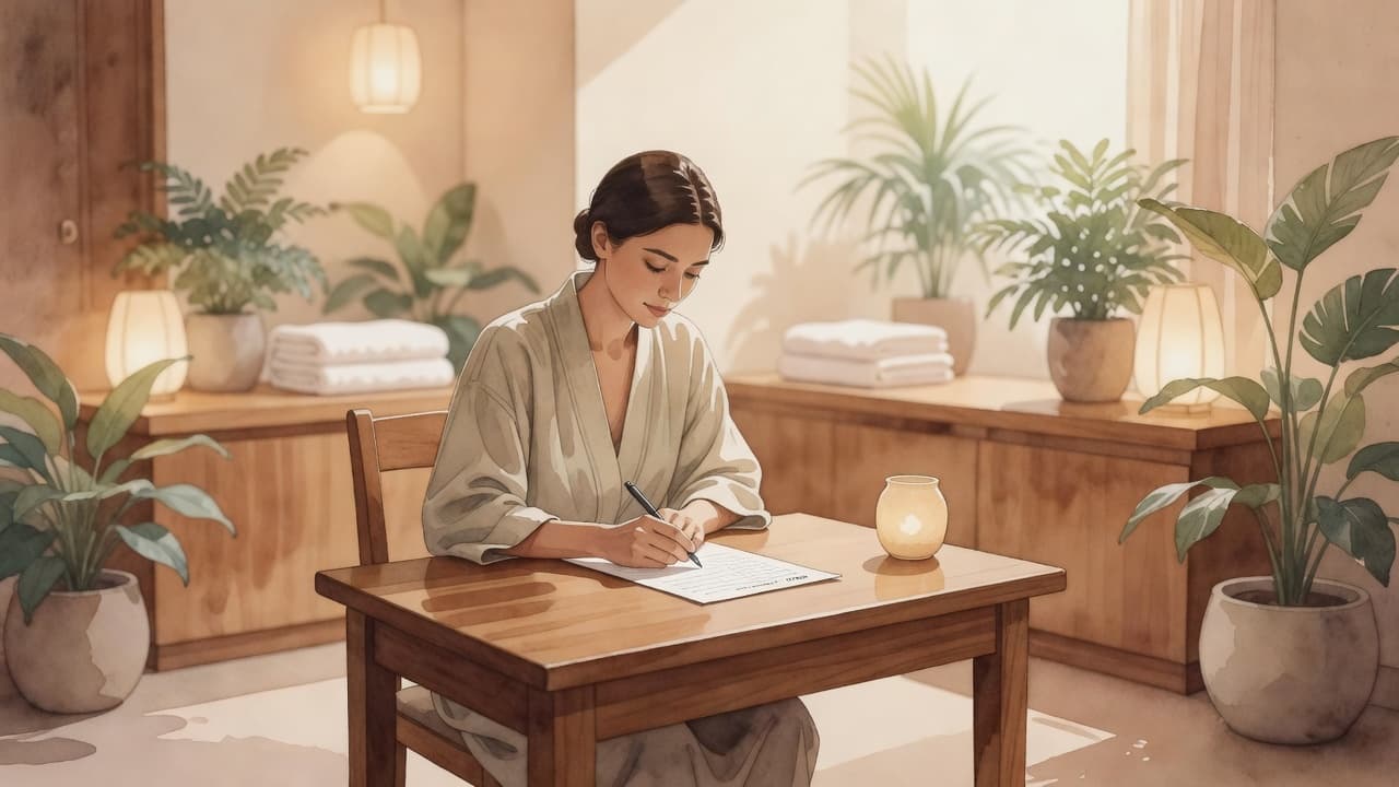 A guest sits at a smooth wooden reception desk in a serene spa setting, holding a pen to complete a paper form. Soft, diffused lighting enhances the gentle watercolor brush textures.