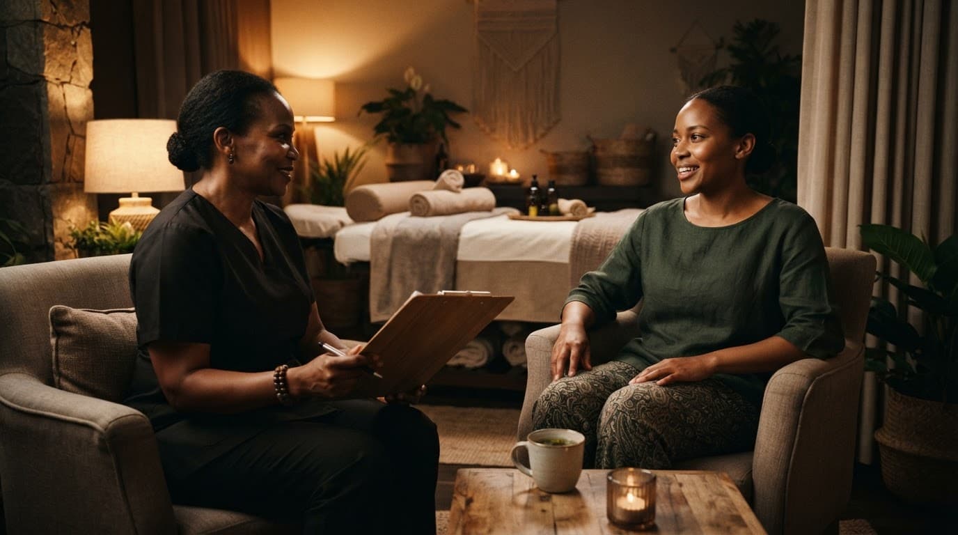 A client speaks with a massage therapist beside a massage table.