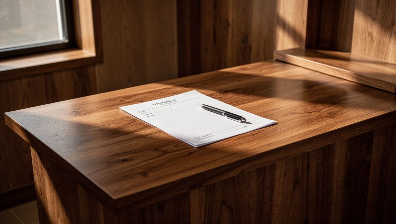 A health intake form and pen on a wooden spa consultation table under dramatic lighting.