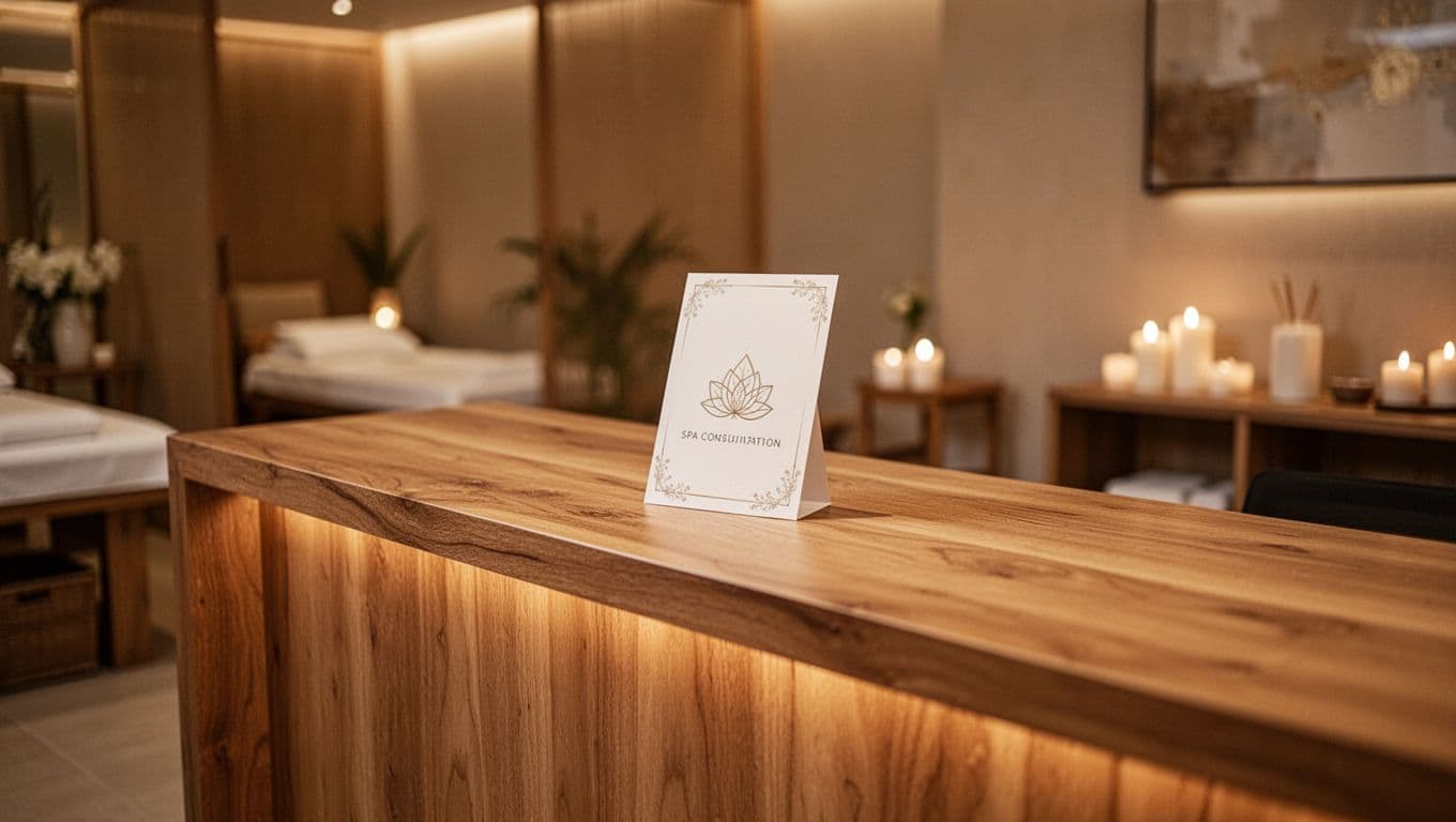 A clean wooden spa desk with a menu card under warm lighting.