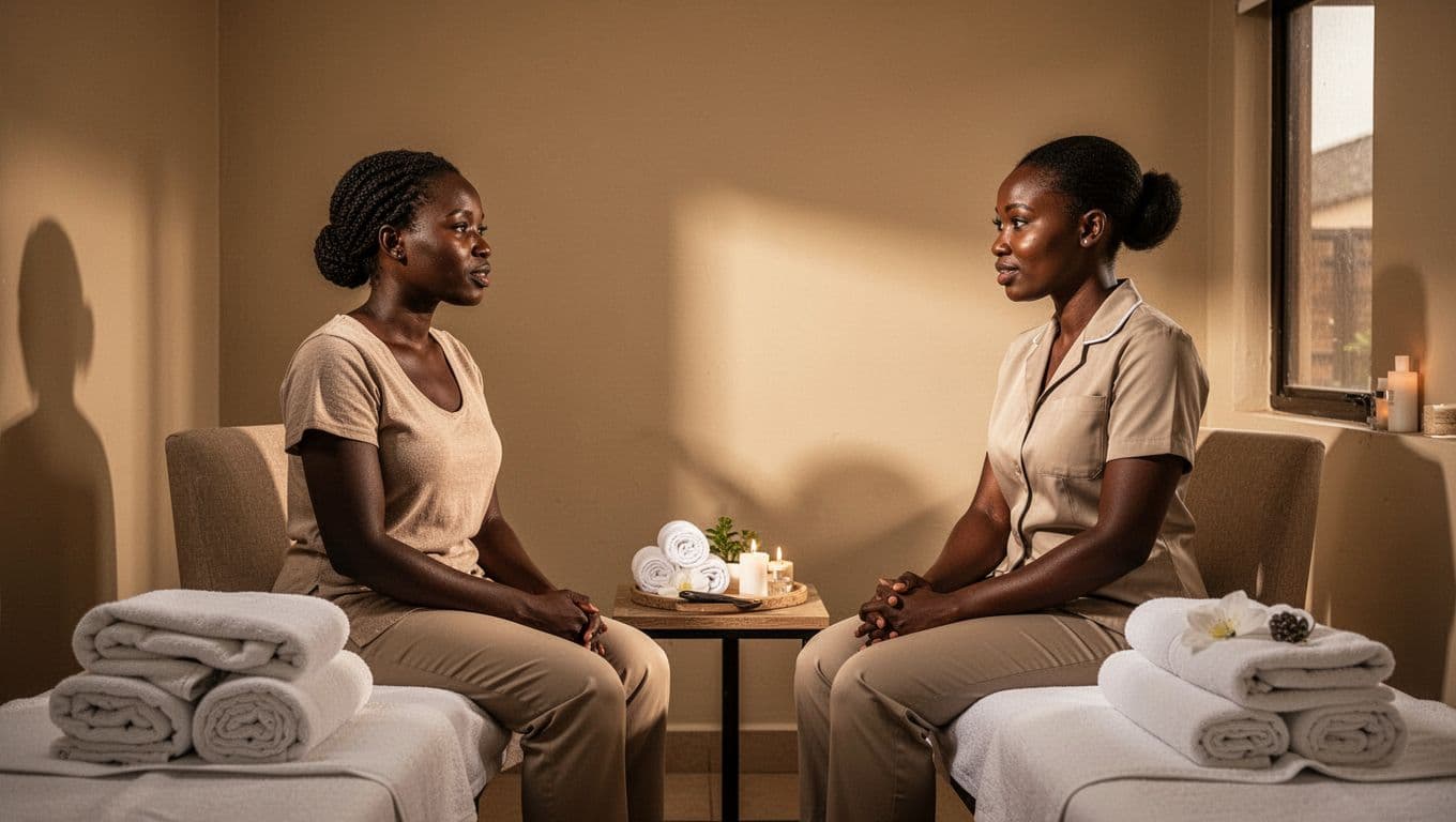 A client and massage therapist talk in a warmly lit spa room.