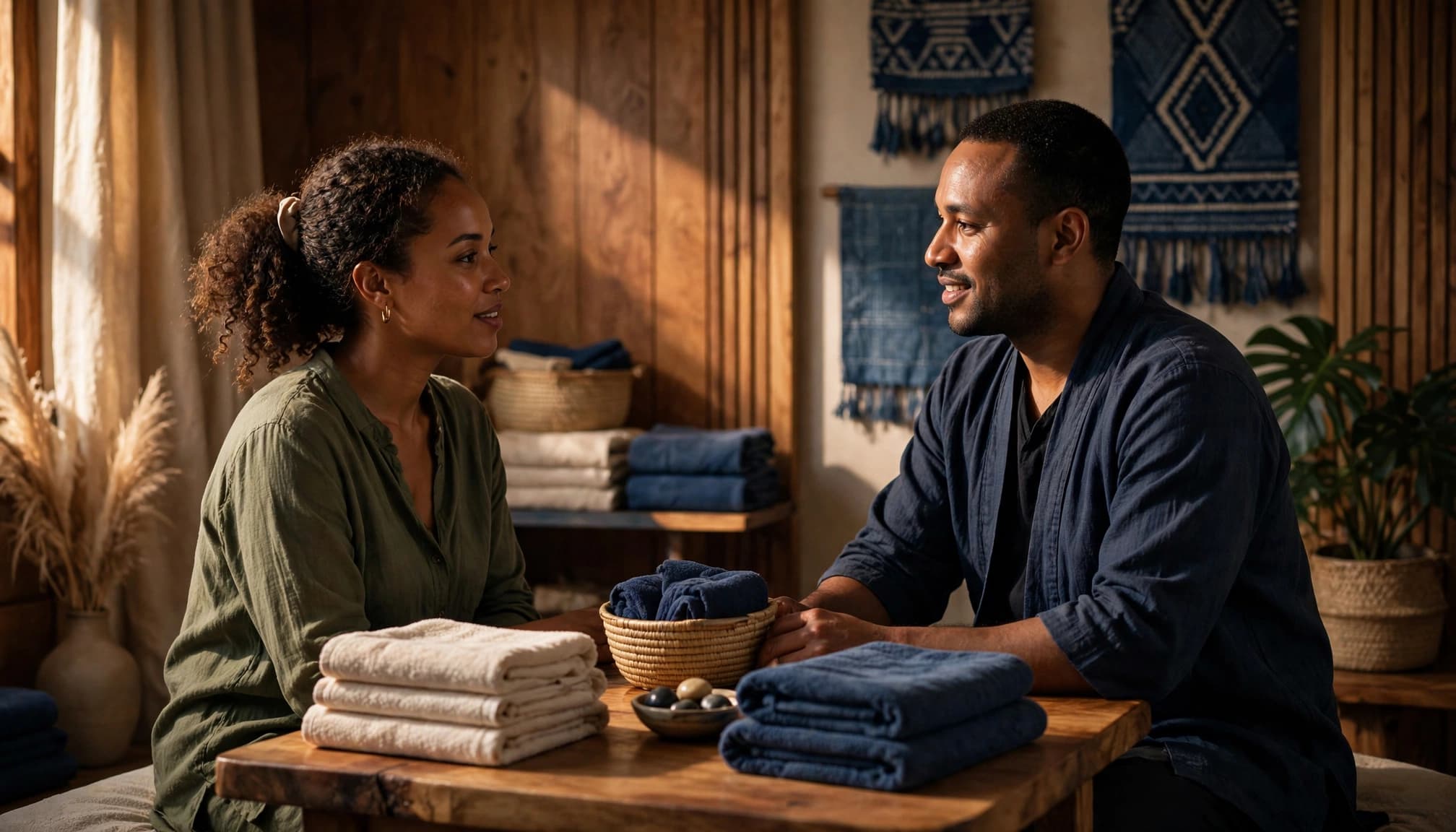 A client and therapist discuss spa treatments across a small table.