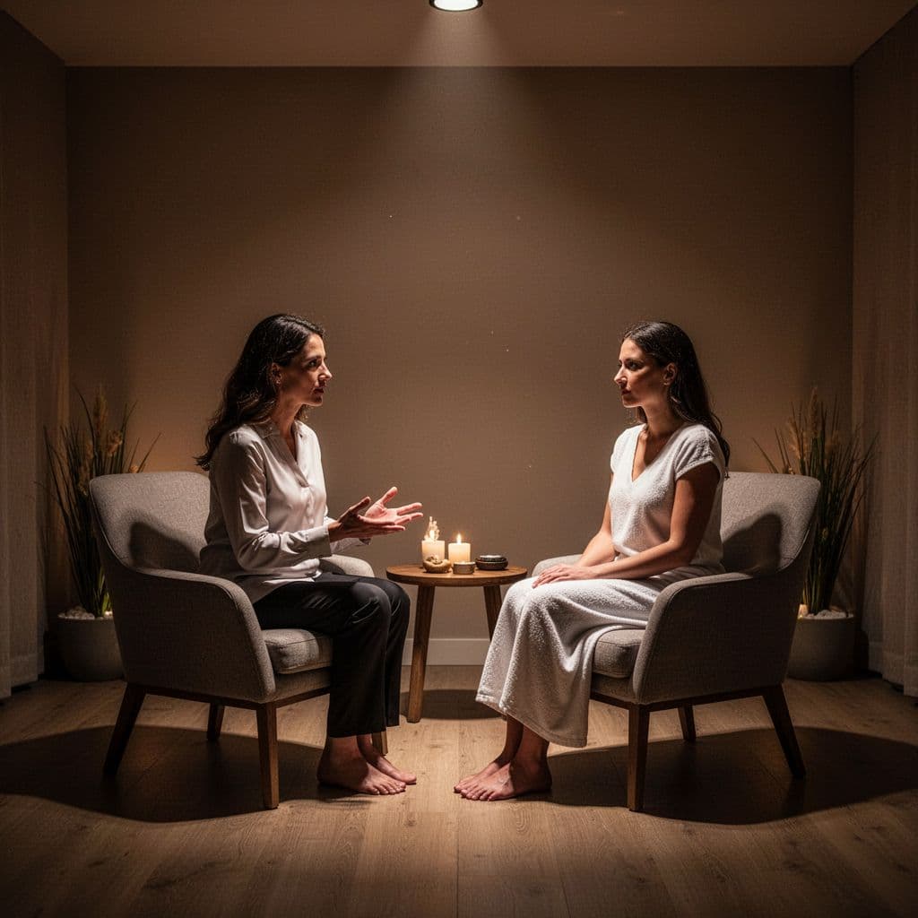 A focused massage therapist sits across from a client in a dimly lit spa room. Warm, dramatic lighting highlights their silhouettes as they have a quiet conversation before the session begins.