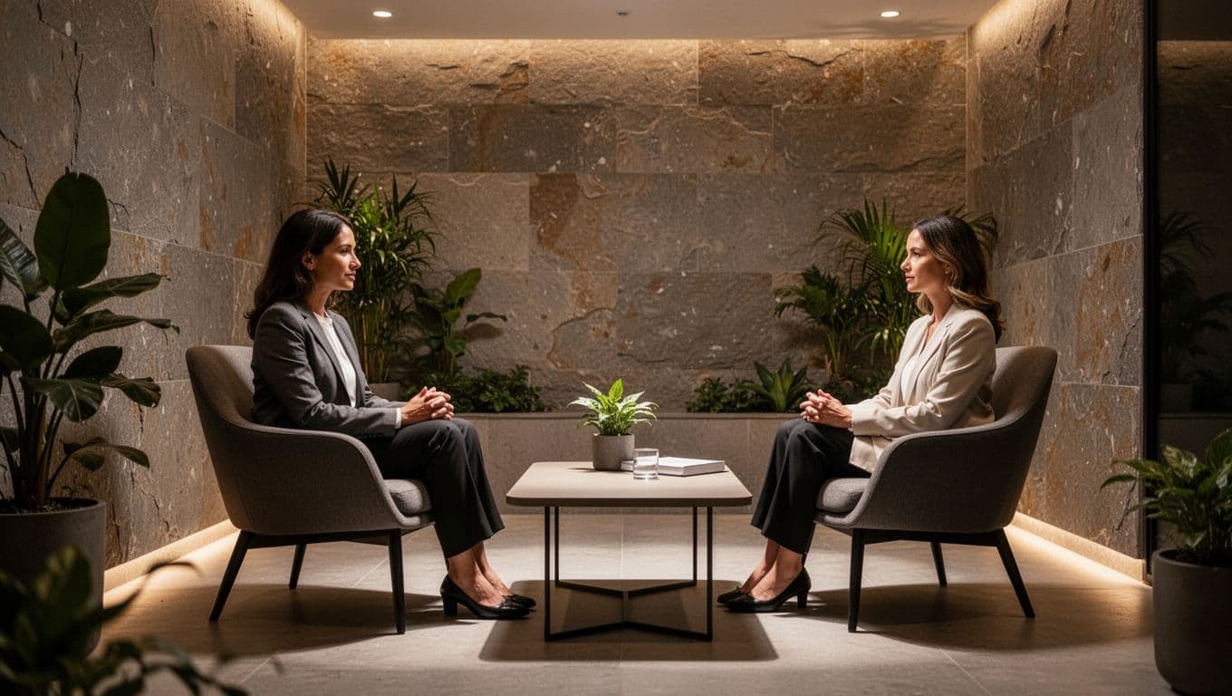 A therapist and client sit in plush armchairs within a dimly lit, modern room. Soft ambient glow highlights the sleek textures, creating a quiet space for pre-treatment discussion and relaxation.