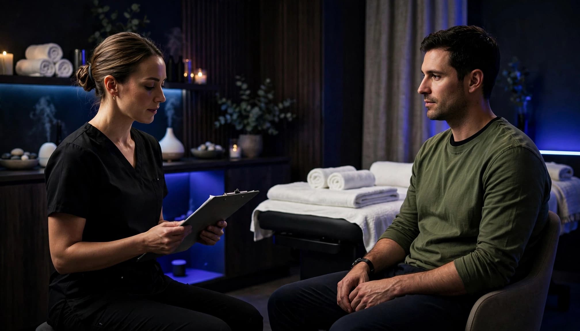 A seated client speaks with a massage therapist beside a treatment table.