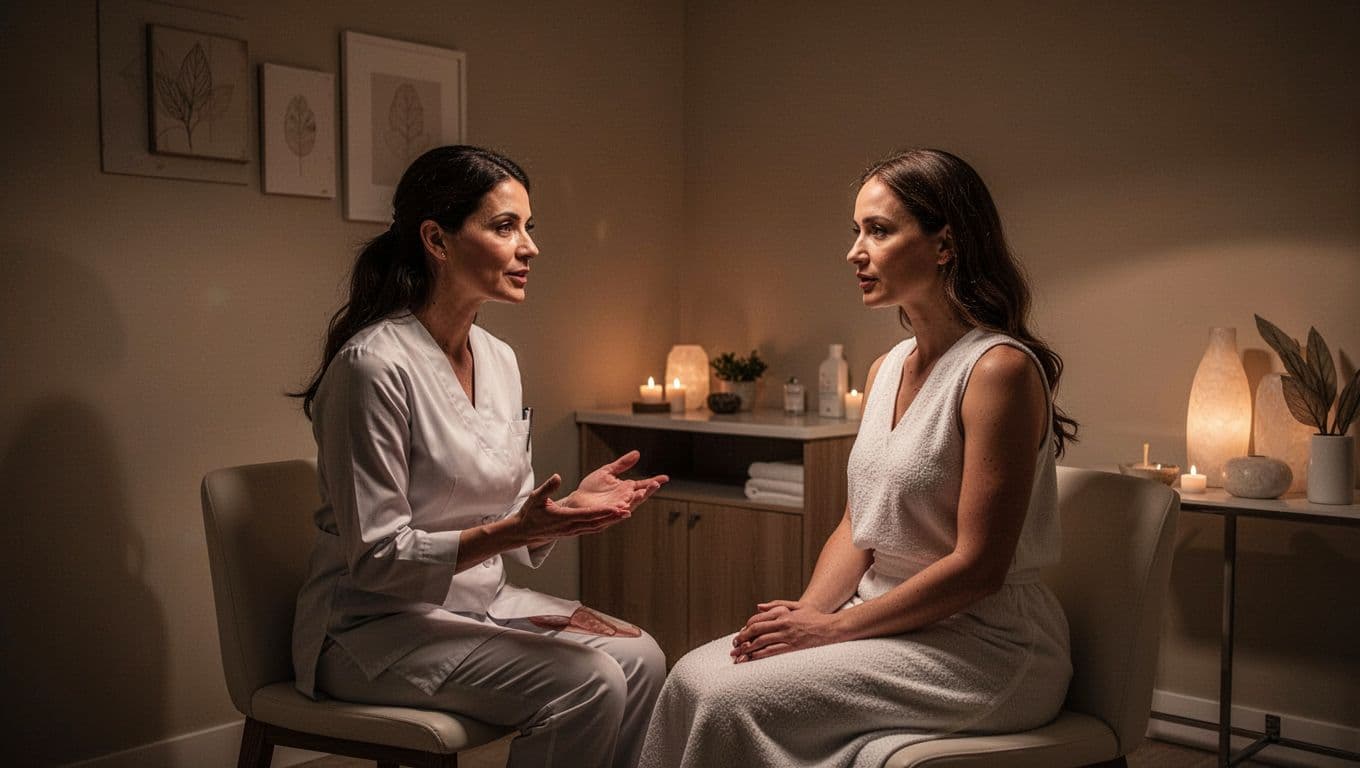 A therapist sits across from a client inside a dimly lit, serene spa treatment room. Soft golden light illuminates their engaged conversation, emphasizing a safe and professional environment for medical history.