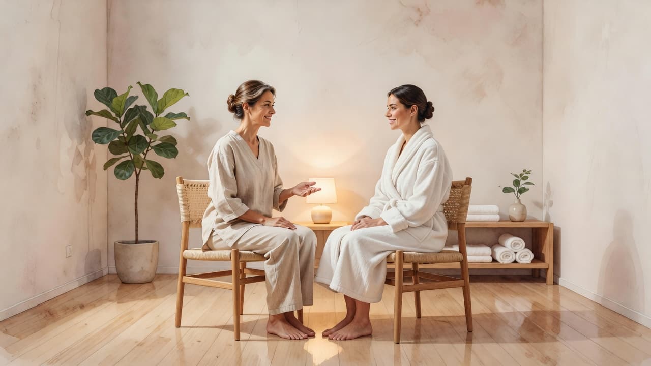 A professional therapist sits across from their client in a serene, softly lit spa room. The watercolor artwork captures a tranquil conversation through warm ambient tones and visible brushstroke textures.