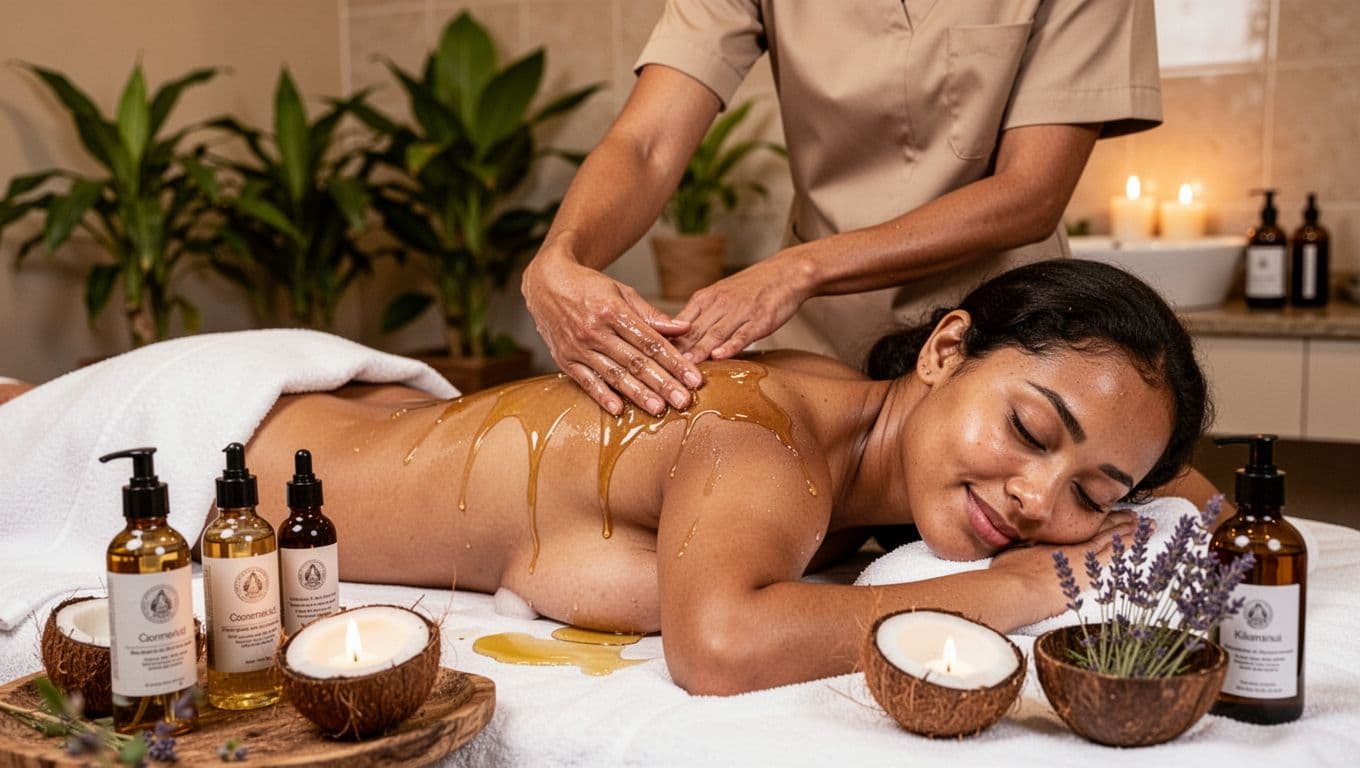 Hot Oil Massage 12 Therapist applying warm coconut and lavender oil to a relaxed client's back during a hot oil massage in a serene private spa room with plants and soft lighting.