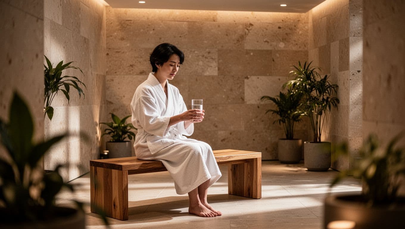 A calm person sits on a minimalist wooden bench within a softly lit modern lounge. They hold a refreshing glass of water while enjoying a moment of quiet serenity before treatment.