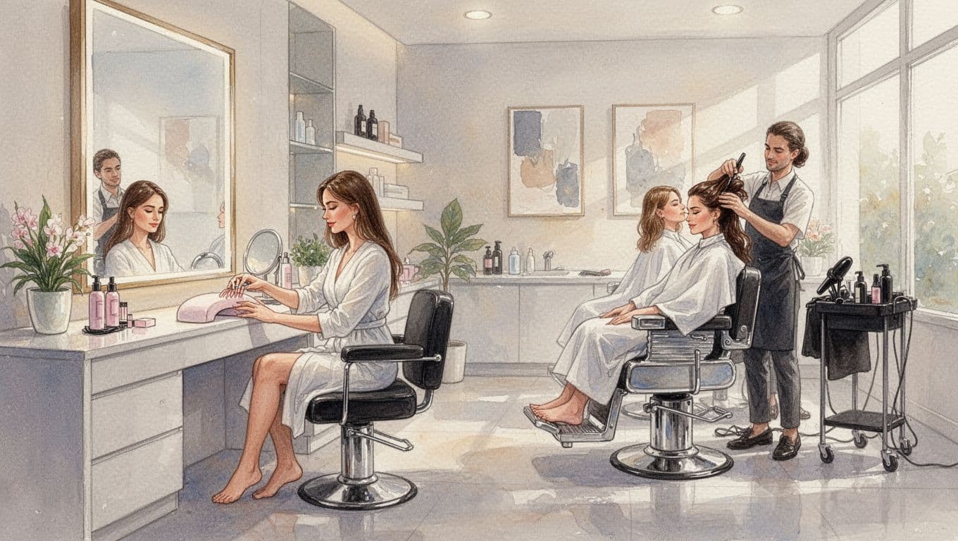 Watercolor of modern spa with manicure station, barber chair haircut, hair styling, and two relaxed clients.