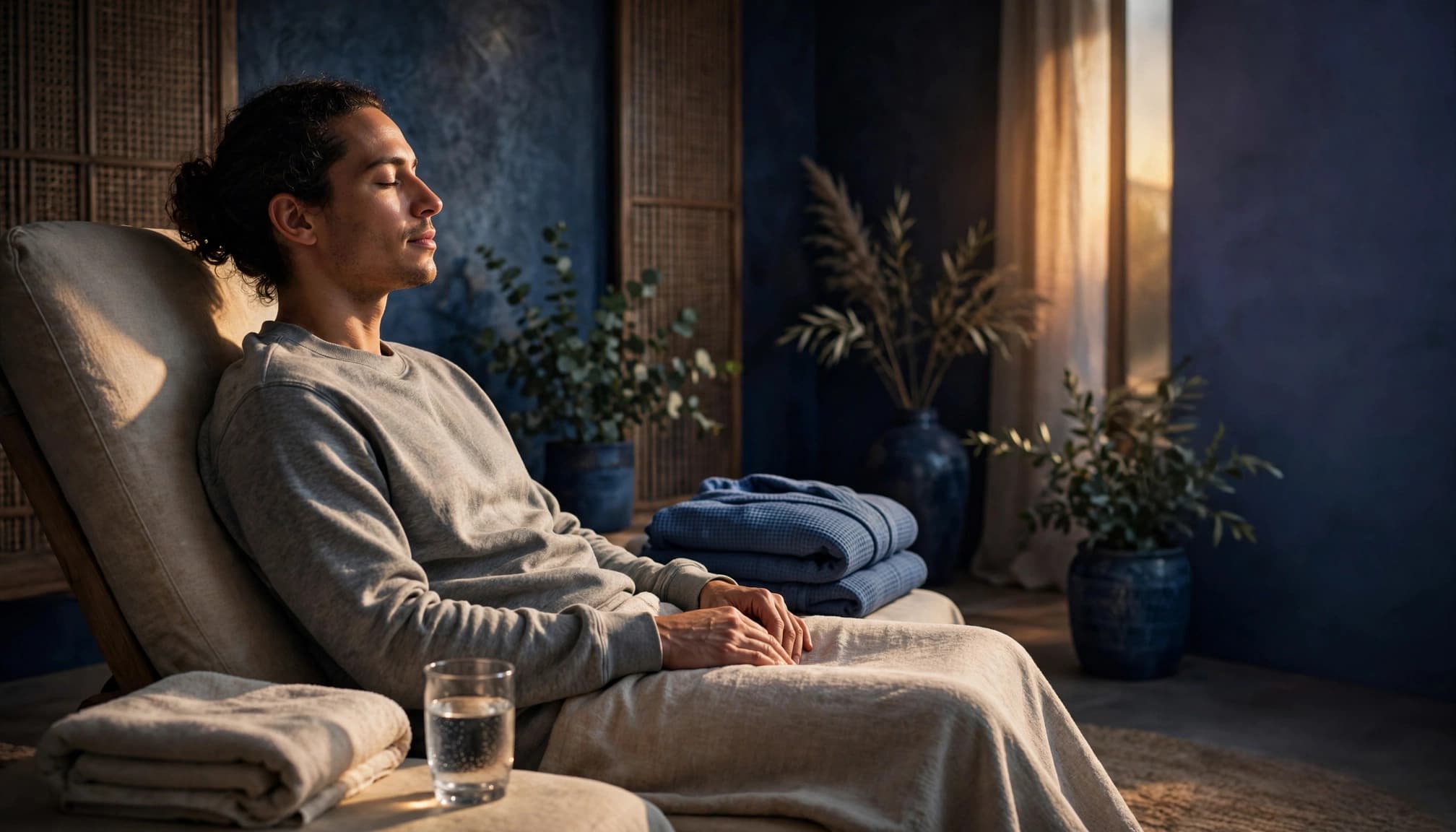Client resting in profile with a towel, water glass, and clothing nearby.