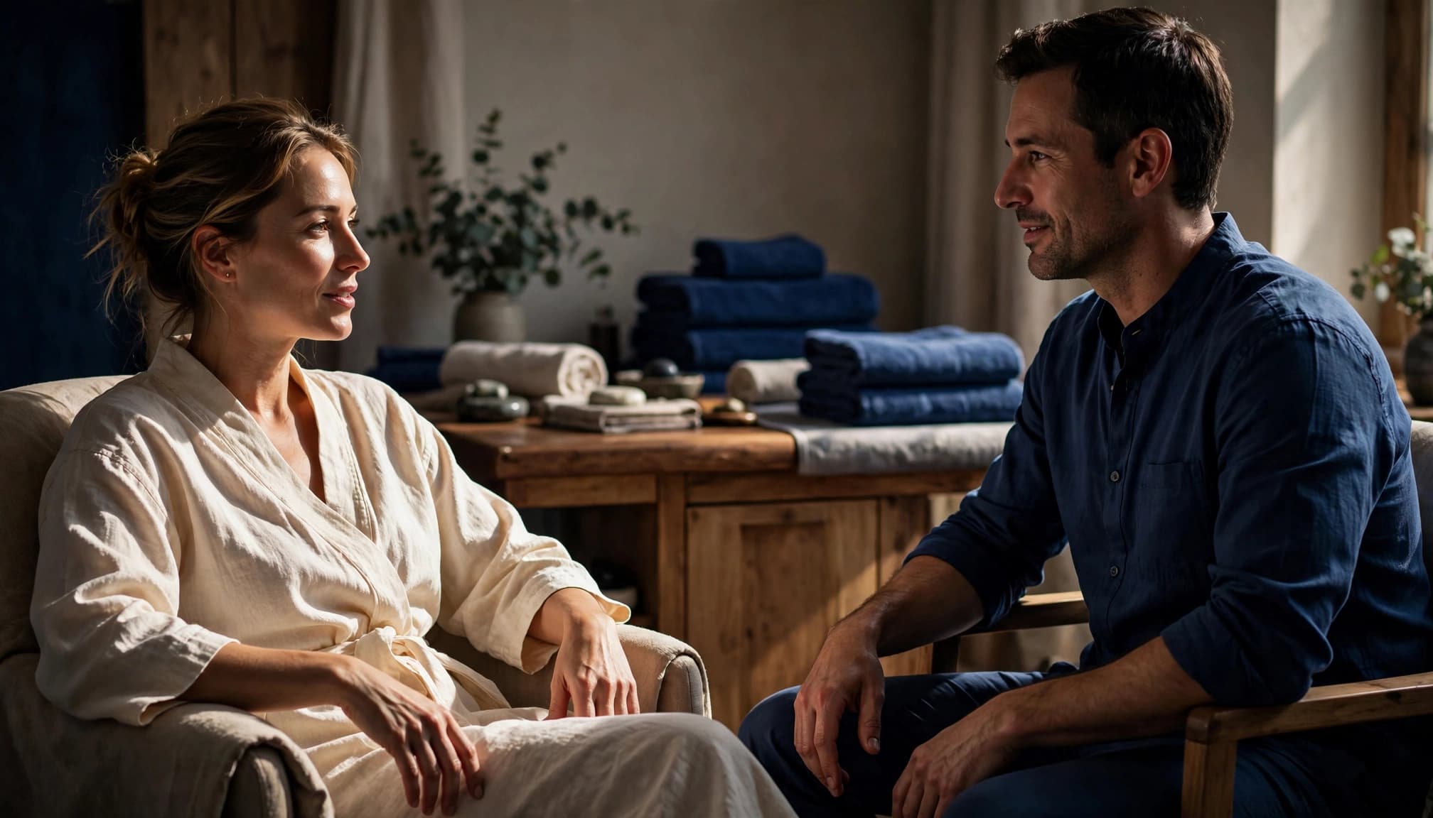 A client talks with a therapist beside a warm massage table.