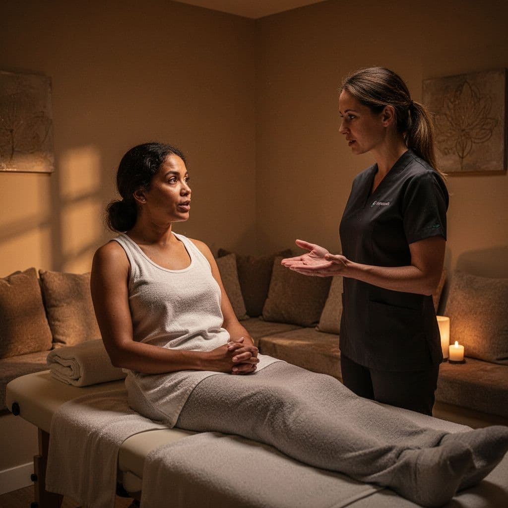 A professional massage therapist stands beside a seated client in a dimly lit spa room. Warm amber lighting illuminates the soft textures as they engage in a calm, respectful pre-massage discussion.