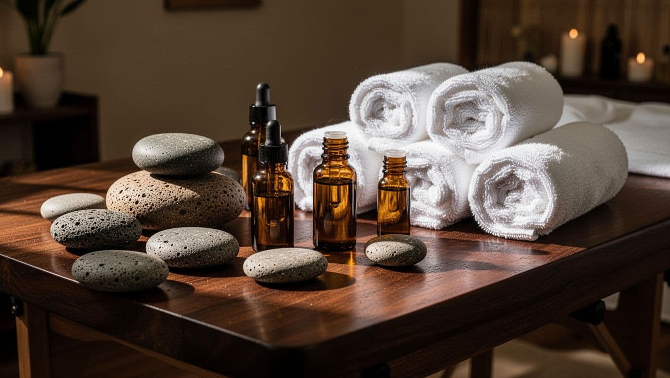 Warm basalt stones, amber oil bottles, and white towels on a dark wooden massage table.