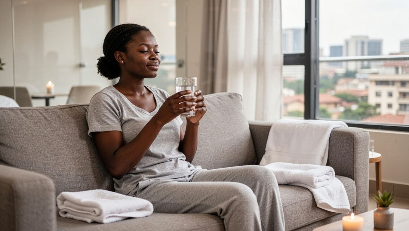 One person in a clean modern Kilimani Nairobi apartment, sitting relaxed on a couch holding a glass of water for hydration before a spa massage, towel nearby, natural daylight from window.