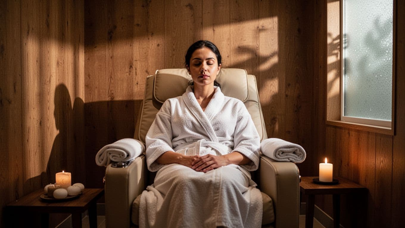 A calm person sits in a serene treatment room holding a massage menu while reviewing various therapy options. Golden light highlights the peaceful atmosphere and elegant decor of the wellness facility.