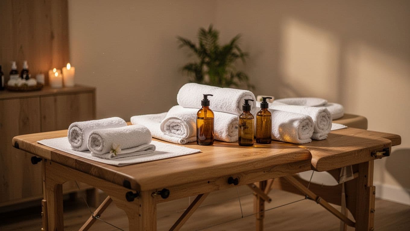 Amber oil bottles and rolled white towels on a wooden tray in a spa room.