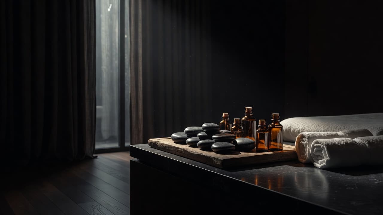 Hot stones and essential oil bottles on a wooden tray in a dim spa room.