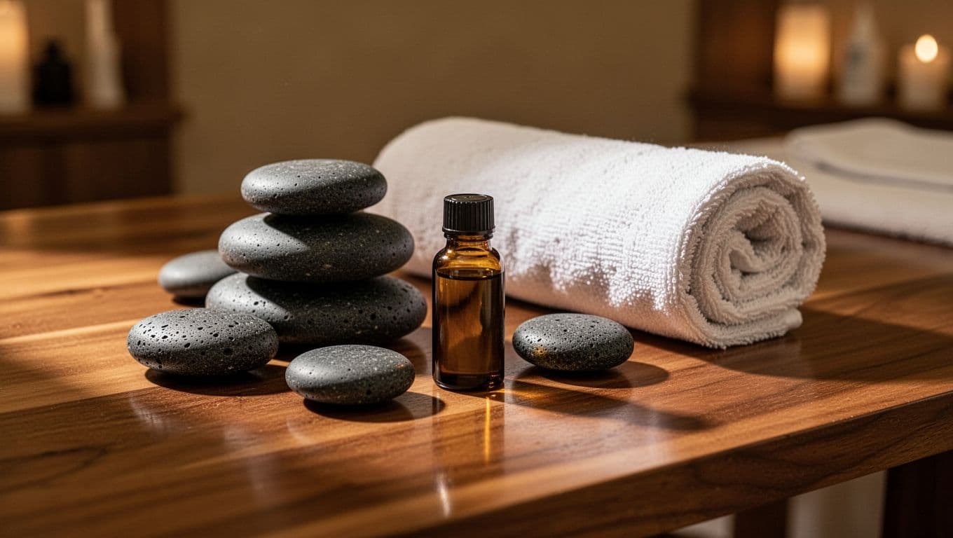 A dark wooden surface displays smooth black basalt stones, a clear vial of essential oil, and a tightly rolled white towel. Soft ambient light glows warmly in the blurred background area.