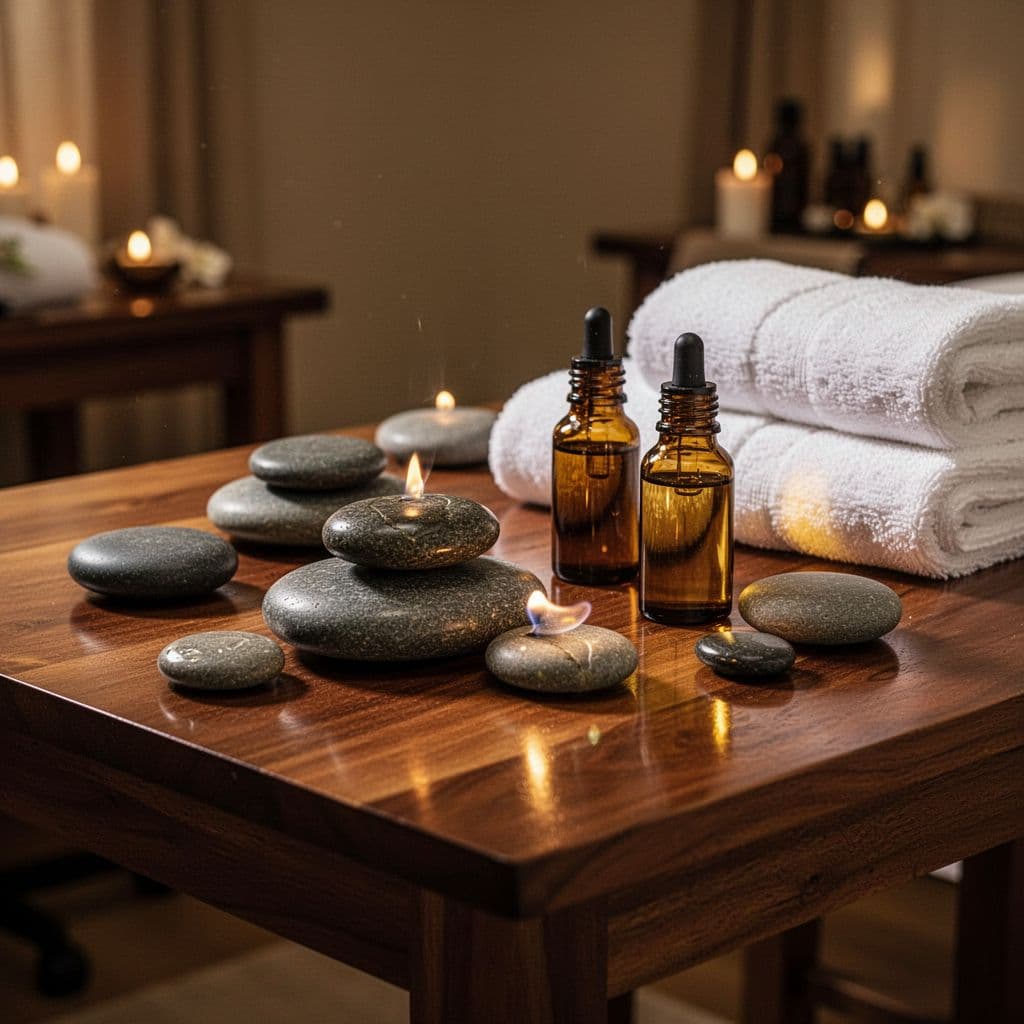 Heated stones, essential oils, and folded towels arranged on a wooden spa table.