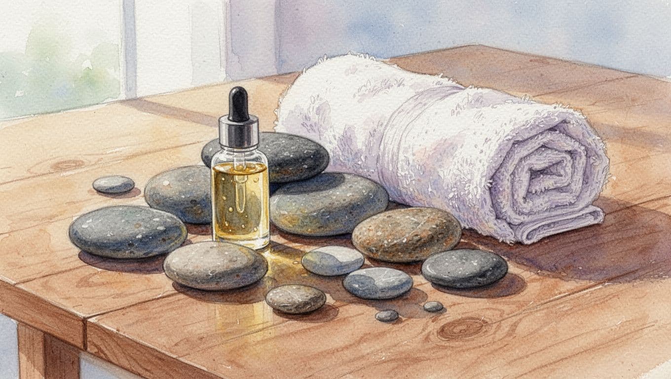 A collection of smooth river stones, a glass bottle of massage oil, and a tightly rolled white towel are arranged artistically on a textured rustic wooden tabletop with soft watercolor strokes.