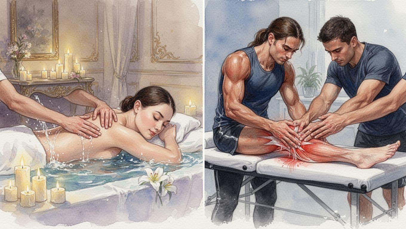 Split watercolor scene contrasting left-side relaxing full-body spa massage under candlelight with right-side firm pressure on athlete's sore leg muscles post-workout.