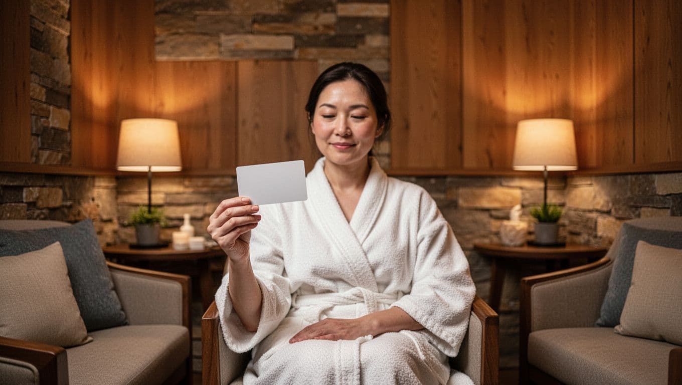 A single hand holds a blank white card within a dimly lit, tranquil spa room. Warm golden lighting reflects off the smooth surfaces, highlighting the peaceful and inviting waiting area atmosphere.