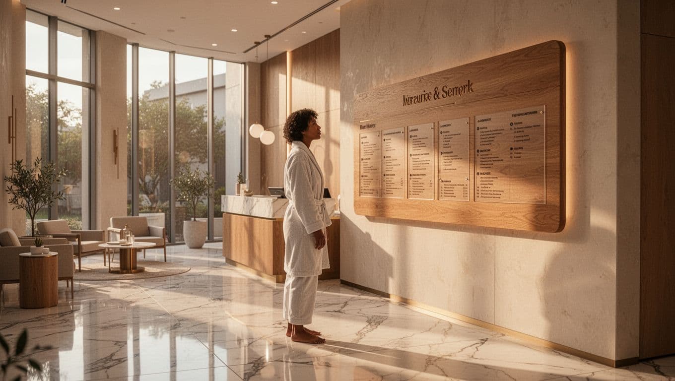 A woman stands in a bright, modern reception area, gazing thoughtfully at a large wooden menu board mounted on the wall. Soft, warm ambient light illuminates the serene spa environment.