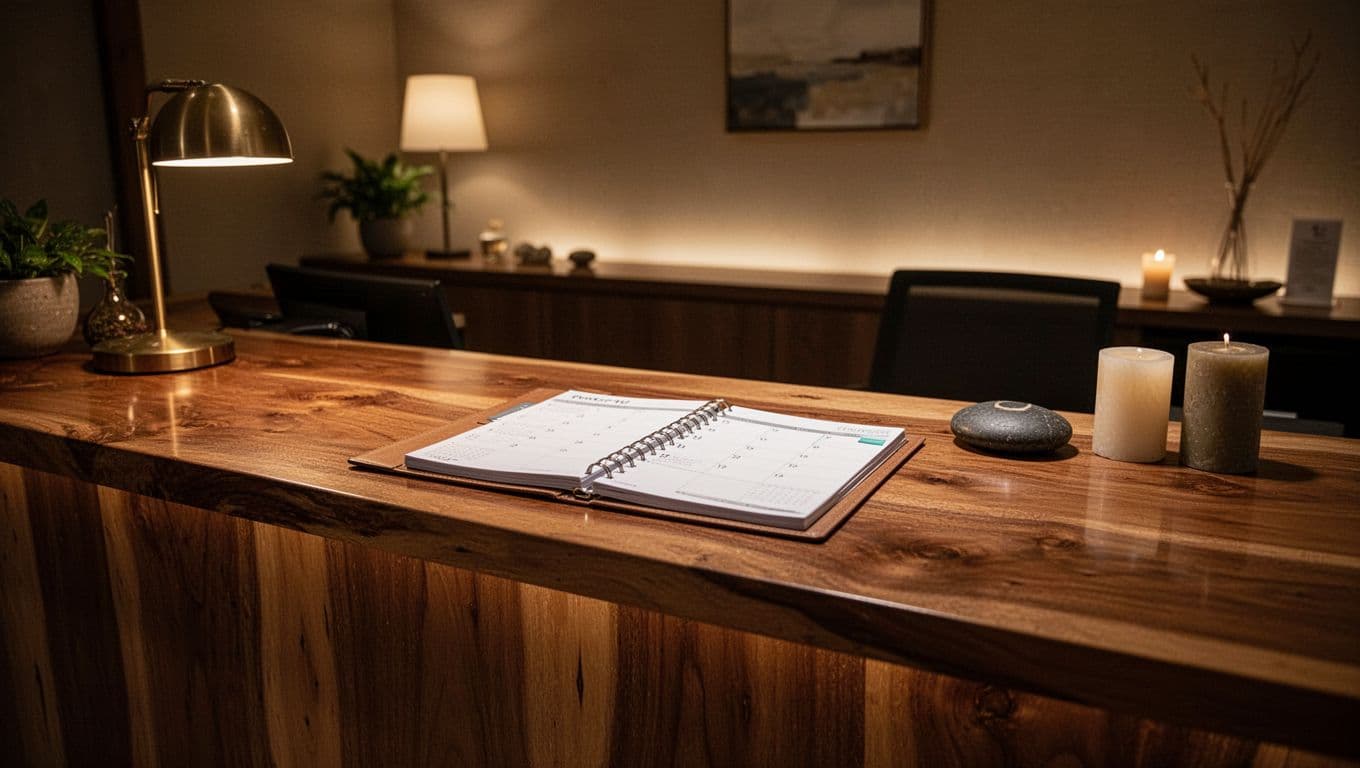 A warm wooden spa reception desk with soft lighting and an appointment planner.