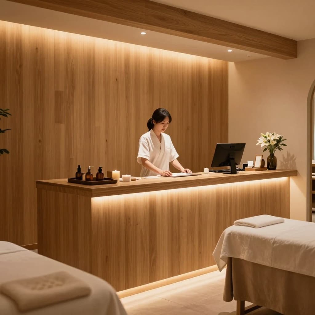 A receptionist stands behind a polished wooden counter inside a softly lit spa lobby. Warm ambient glow highlights natural textures, creating a tranquil environment for guests arriving for their scheduled treatments.