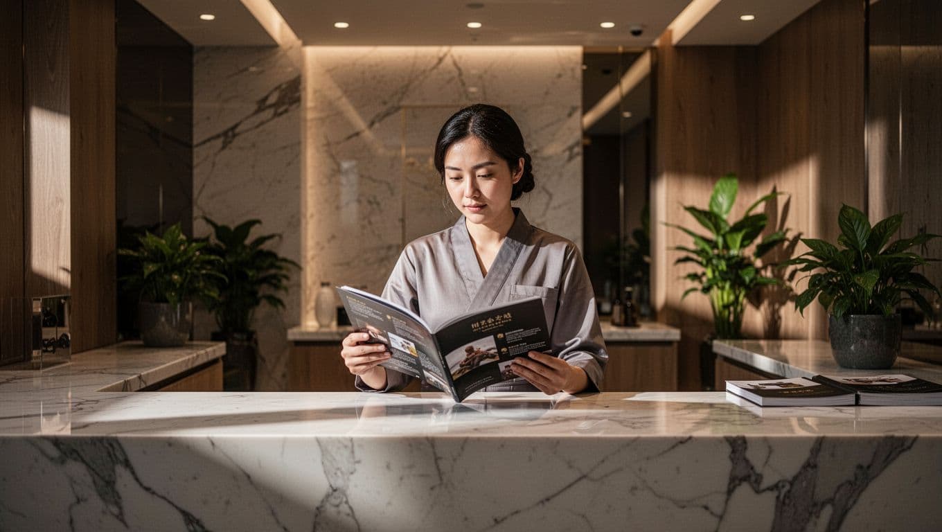 A woman stands before a sleek, minimalist wooden reception desk in a luxury spa. She holds a spa menu, studying the treatment options under the soft, ambient glow of recessed lighting.