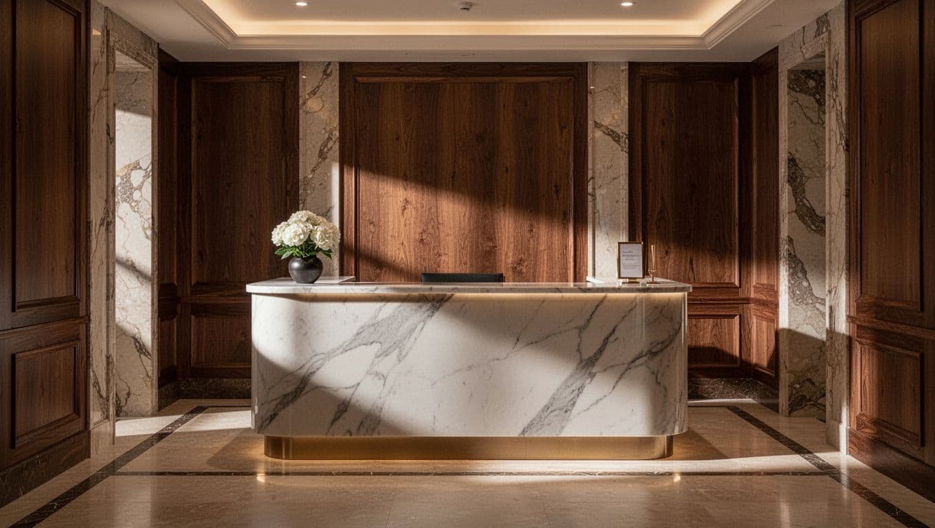 A sleek wooden spa reception desk illuminated by warm cinematic lighting in a luxury lobby.