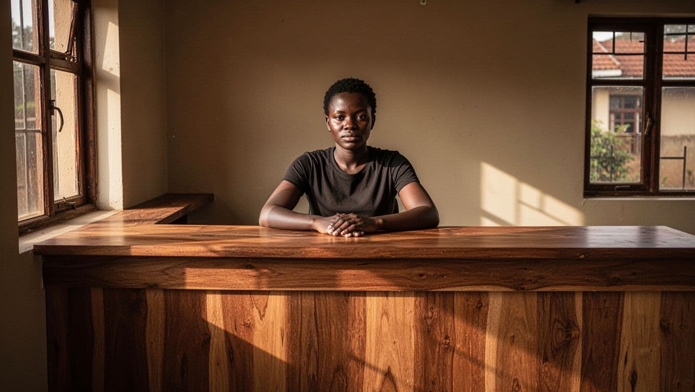 A receptionist stands calmly at a warm wooden spa desk in Kilimani Nairobi.