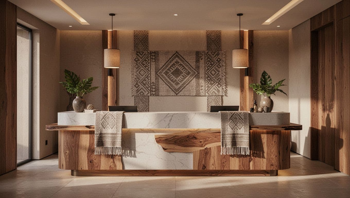 A modern luxury spa reception desk with warm lighting and sleek African interior design.