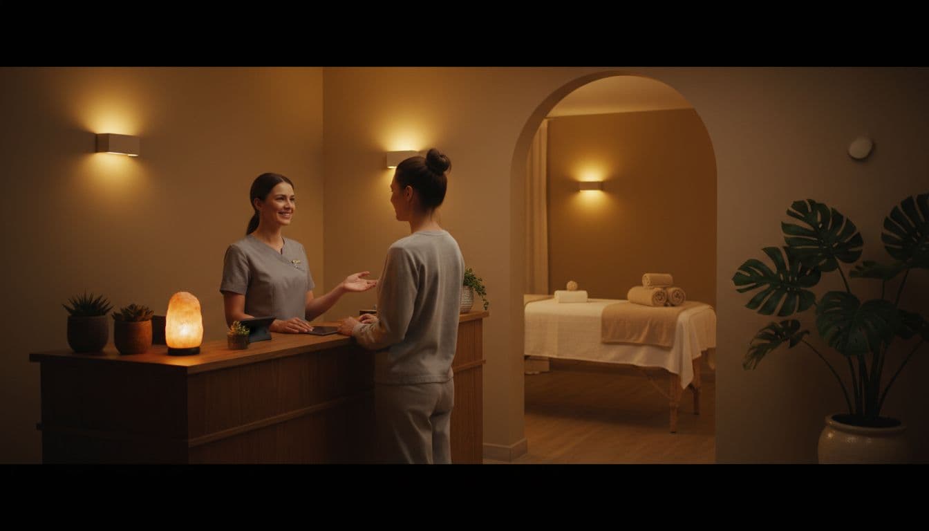 Friendly female receptionist greets relaxed client at cozy spa reception desk with open door revealing adjacent massage room prepared with fresh linens, towels, dim warm lighting, plants, and serene professional atmosphere.
