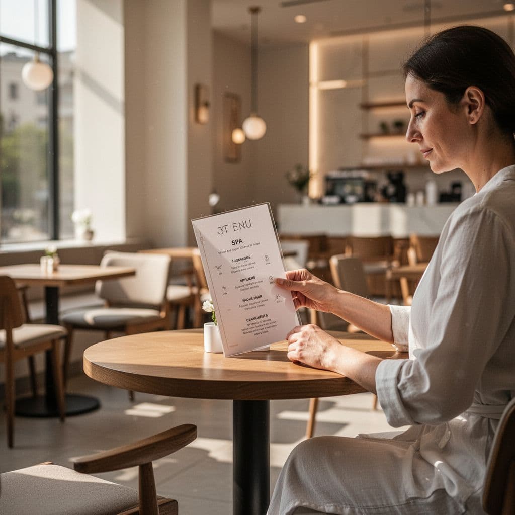 A woman sits at a small wooden cafe table within a modern interior, studying a minimalist menu card. Golden, dramatic light creates sharp contrasts against the warm, elegant background textures.