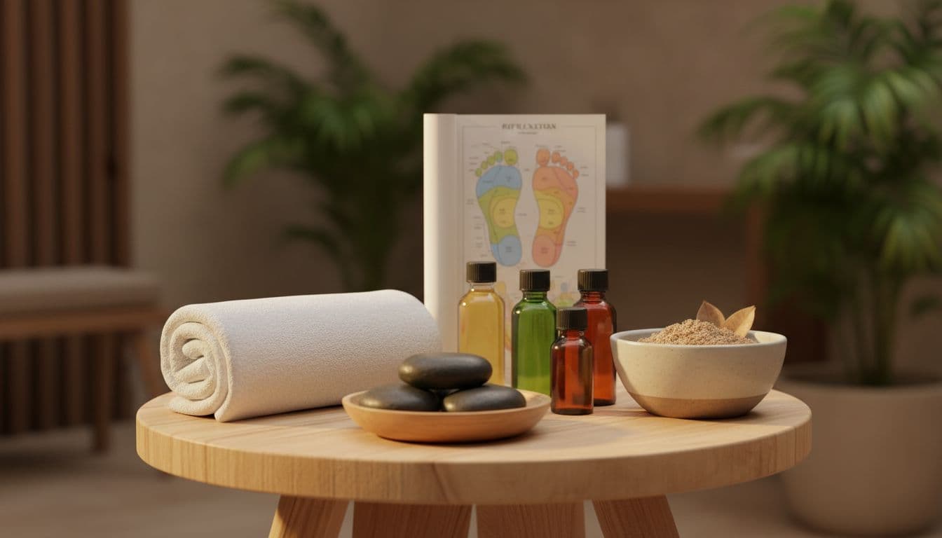 Nairobi Massage Guide: Styles, Prices, Safety, and Aftercare (2026) 7 Spa side table in Nairobi spa holding smooth hot basalt stones warming beside essential oil bottles, foot reflexology chart, and body scrub bowl on a clean wooden surface with folded towel, realistic photo with warm lighting and centered composition.