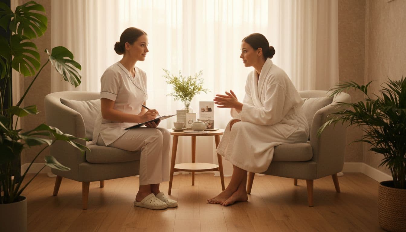 Professional female spa therapist in uniform sits with relaxed female client in serene consultation area; client asks questions as therapist takes notes on clipboard amid plants, soft lighting, and warm tones.