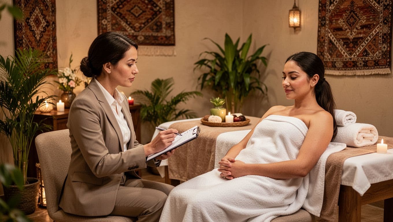 A professionally dressed therapist consults with a relaxed client in a cozy spa consultation area, discussing health details and safety tips using a notepad amid serene plants and soft lighting.