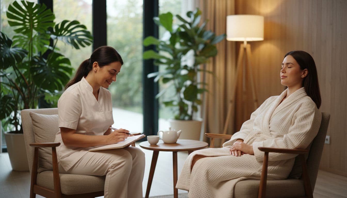Hot Oil Massage 6 Professional spa therapist seated with a relaxed client in a serene consultation area, discussing checklist on a notepad before hot oil massage under soft warm lighting.