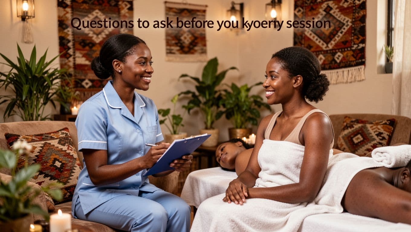 A professional female therapist in uniform consults with a client in a cozy spa lounge with Kilimani Nairobi style decor, plants, and soft lighting, discussing massage options while holding a notepad, both smiling and relaxed.