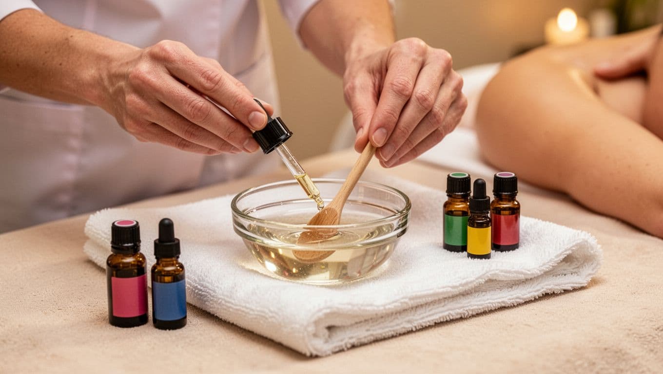 Close-up of spa therapist's two hands blending drops of colorful essential oils into a glass bowl of carrier oil using a dropper and wooden stir stick on a folded white towel with tiny oil bottles nearby.