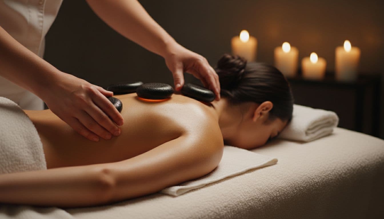 Professional spa therapist gently placing smooth black basalt hot stones on a client's upper back and shoulders, client face down on massage table in serene dimly lit spa with candles and warm glow.