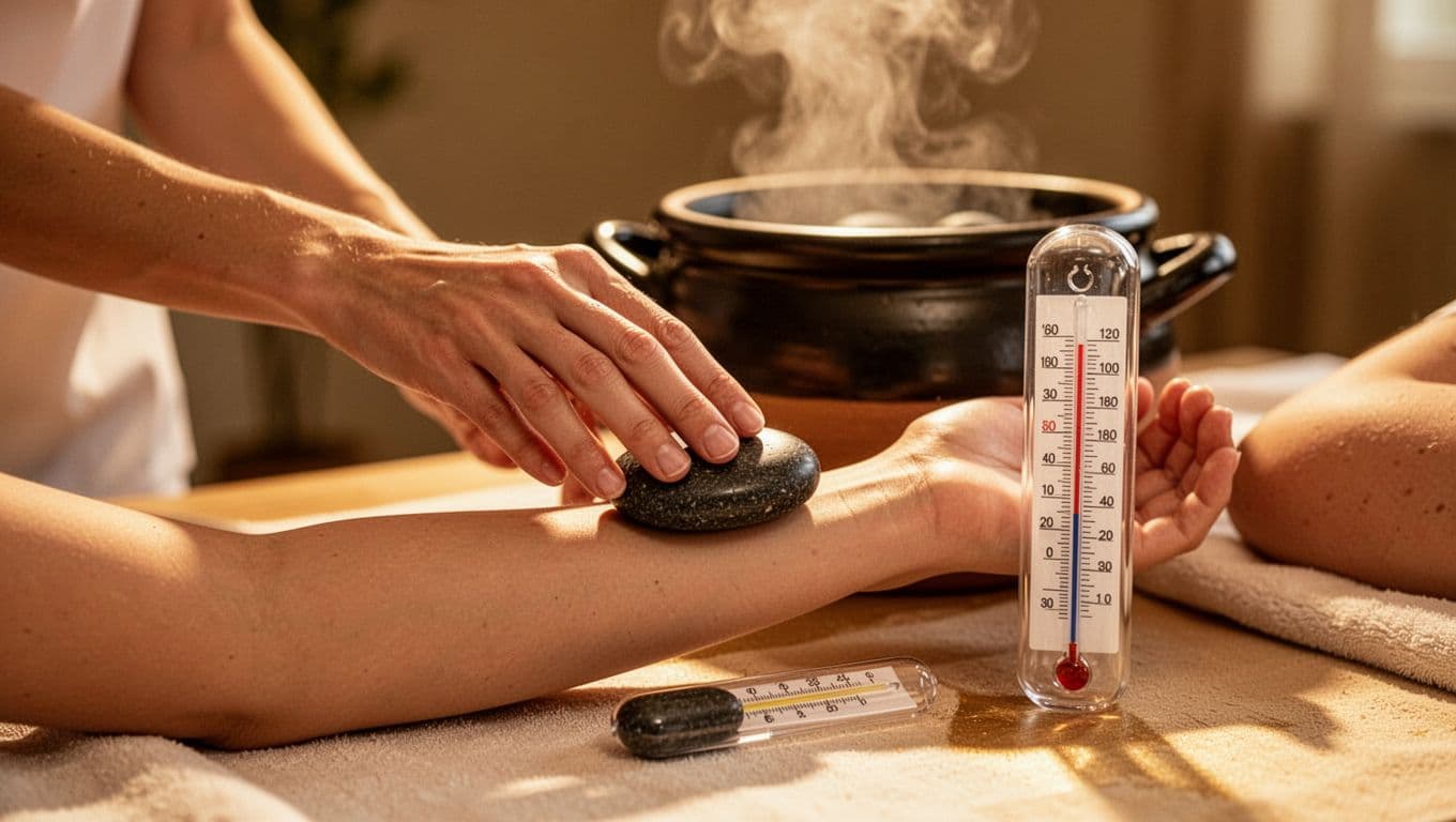 Professional spa therapist tests smooth black basalt hot stone temperature on inner forearm in serene preparation area, digital thermometer shows safe 130°F, warm lighting and steam in background.