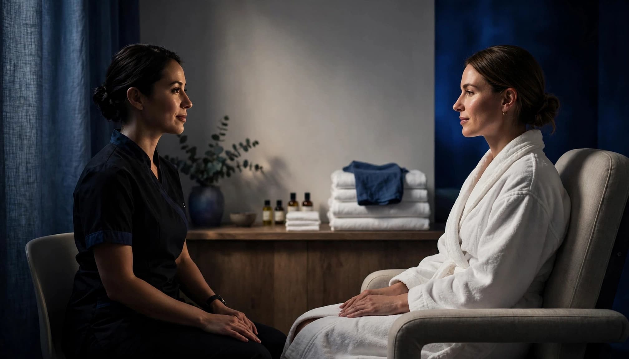 Hot Oil Massage 7 A therapist discusses treatment options with a seated client in a calm spa room.