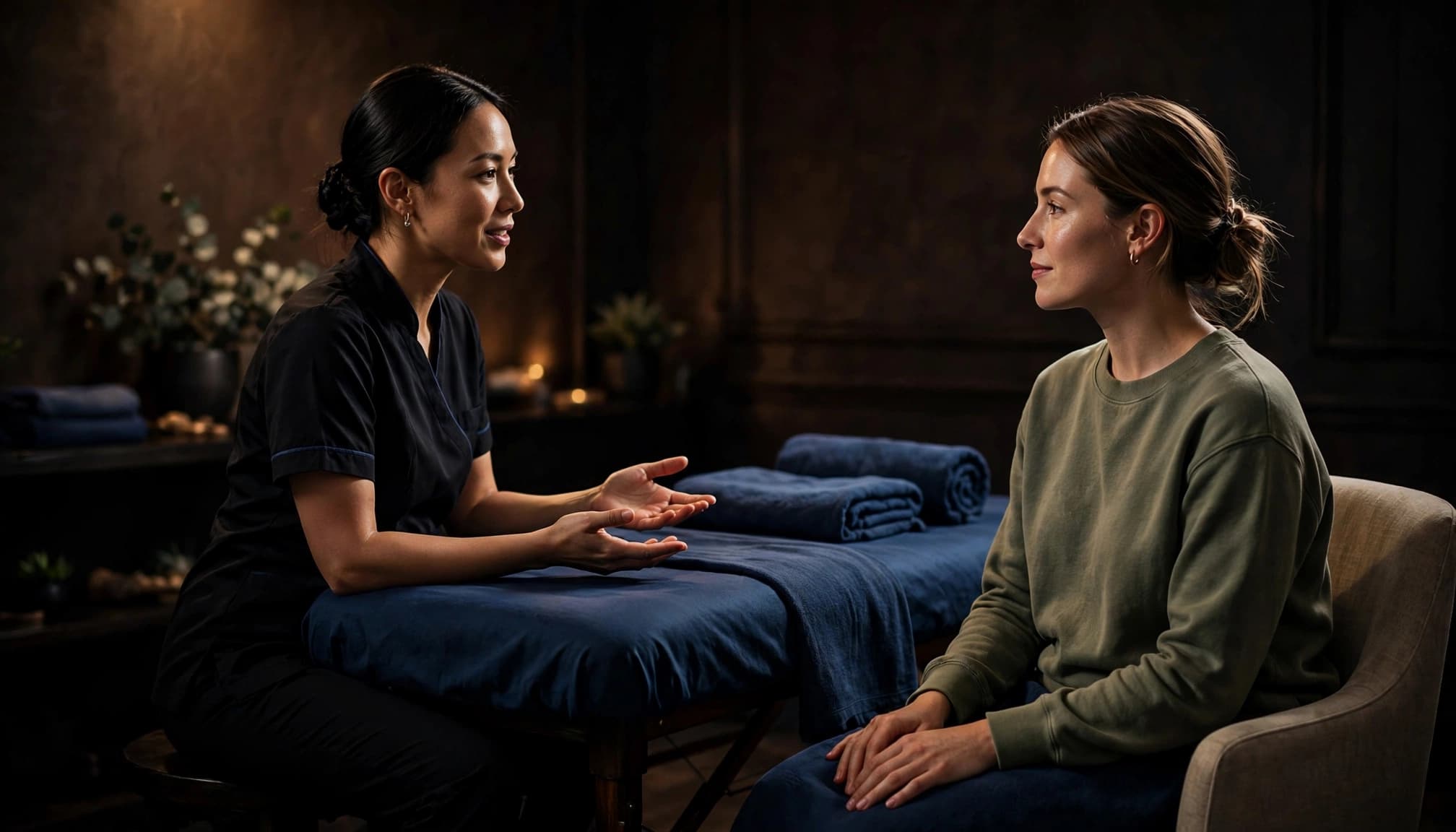 A client and massage therapist discuss care beside an indigo-covered massage table.